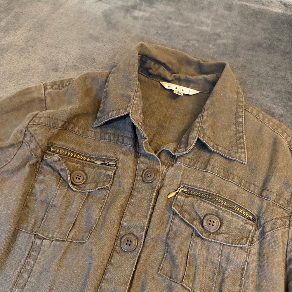 Cabi 856 Womens Large Linen Utility Jacket Olive Brown Button Up Belted Safari